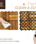 Top Shelf Nine Piece Solid Acacia Wood Interlocking Deck Tiles Non Slip Grooved Outdoor Flooring Easy Snap Together Setup showing cleaning and cutting of tiles.