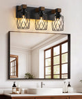 Farmhouse Vanity Light Three Light Wood Over Mirror Fixtures Black Industrial Metal Shade Rustic Bathroom Lighting installed