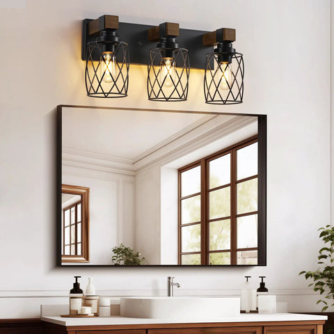 Farmhouse Vanity Light Three Light Wood Over Mirror Fixtures Black Industrial Metal Shade Rustic Bathroom Lighting installed