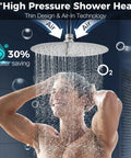 All Metal 10 Inch Rainfall Shower Head Kit With Adjustable Arm Handheld Wand Spraying Water, Man Enjoys High Pressure Shower