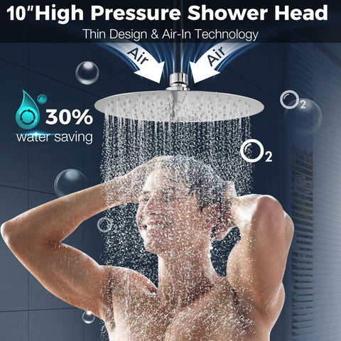 All Metal 10 Inch Rainfall Shower Head Kit With Adjustable Arm Handheld Wand Spraying Water, Man Enjoys High Pressure Shower