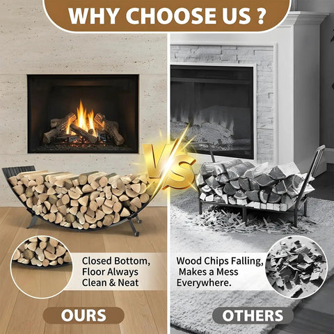 Comparison of Built Tough Heavy Duty Metal Firewood Rack For Indoor And Outdoor Use With 24 Inch Large Capacity Arc Shape Design and another rack