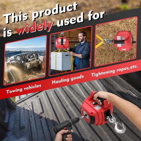 Red Portable Drill Winch With 1000 Lb Load Capacity And 40 Ft Synthetic Rope, Handheld Lifting And Dragging Tool With 360 Degree Hook Rotation, Built Tough For Jobsites And DIY Projects used to tow vehicles and haul goods
