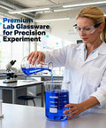 Scientist pouring blue liquid using premium lab glassware, 8 Pack 500ml Erlenmeyer Flasks Set For Lab Glassware Borosilicate 3 Point 3