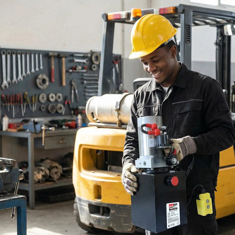 Heavy Duty Single Acting Hydraulic Pump 8 Quart Power Unit With 12V DC Motor and SAE #6 fittings held by mechanic in workshop.