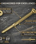 Image of bulk pack of 100 Size 14 self-drilling trailer deck screws with Torx star drive for wood to metal fastening on trailers and flatbeds two and three quarters inches long, featuring T30 star head and reamer wings.
