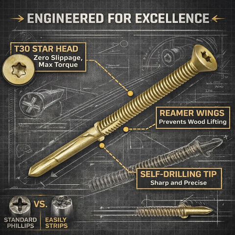 Image of bulk pack of 100 Size 14 self-drilling trailer deck screws with Torx star drive for wood to metal fastening on trailers and flatbeds two and three quarters inches long, featuring T30 star head and reamer wings.