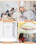 Montage showing One Side Opening Bed Mosquito Net Canopy in various settings: living room, park, bedroom, and camping scene.