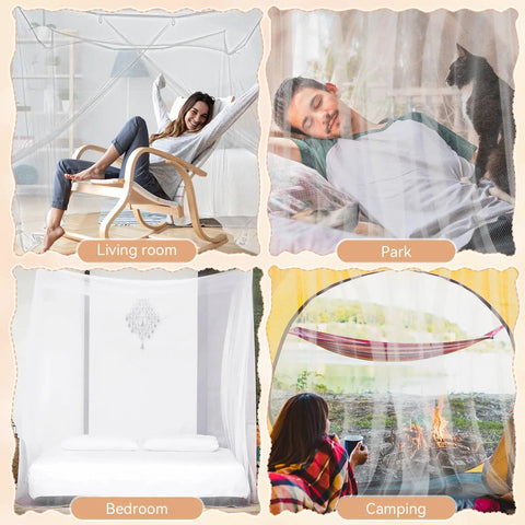 Montage showing One Side Opening Bed Mosquito Net Canopy in various settings: living room, park, bedroom, and camping scene.