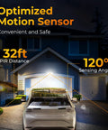 Ultra Bright Solar Motion Sensor Outdoor Lights With Remote 3 Modes LED Security Flood Light illuminating driveway at night