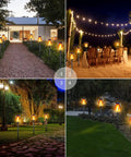 Outdoor view of 8 Pack Solar Tiki Torches With Realistic Flickering Flame in garden, pathway, beach dinner, and yard at night.