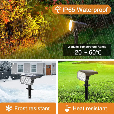 Color Changing Outdoor Solar Spot Lights 7 Modes 4 Pack IP65 Waterproof in rain, snow, and sunshine for patio and garden.