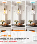 3 Pack Gold Pendant Lights For Kitchen Island Featuring 8.7 Inch Hand Blown Clear Art Glass Globes with different light temperatures.