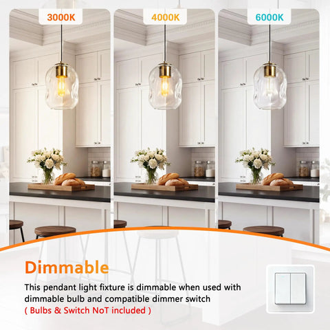 3 Pack Gold Pendant Lights For Kitchen Island Featuring 8.7 Inch Hand Blown Clear Art Glass Globes with different light temperatures.