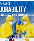 Heavy Duty Disposable Hazmat Suits Type 5 6 worn by workers in lab, testing chemicals with full coverage, PE laminated fabric.