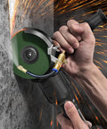 Keep Dust To The Curb And Your Equipment In Top Shape With This Smooth Two Mode Flexible Water Sprayer Nozzle For Angle Grinders Concrete Cutting And Tough Construction Sites, close-up of angle grinder with water spray attachment on concrete.