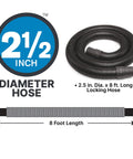 Heavy-Duty 12 Gallon Wet Dry Vacuum With 5.5 Peak HP SVX2 Motor 2.5-Inch Hose coiled with 8-foot length and 2.5-inch diameter