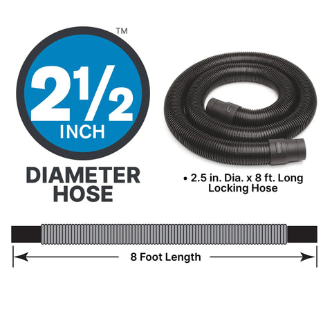 Badass 16 Gallon Wet Dry Utility Vacuum Featuring A Gutsy 6.5 Peak Horsepower Motor Tough As Nails Build And Extended Hose For No Sweat Garage Shop Cleanup with 2.5 inch diameter 8 foot locking hose.