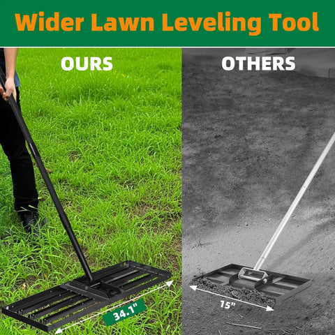 Comparison of Beast Pro Grade Lawn Leveling Rake With 70.5 Inch Adjustable Handle and 34.1 by 9.4 Inch Head against smaller rake