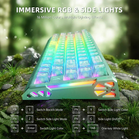 Compact Wired Esports Keyboard With Eight Kilohertz Polling And Rapid Trigger Tech showcasing immersive RGB lights on nature background.