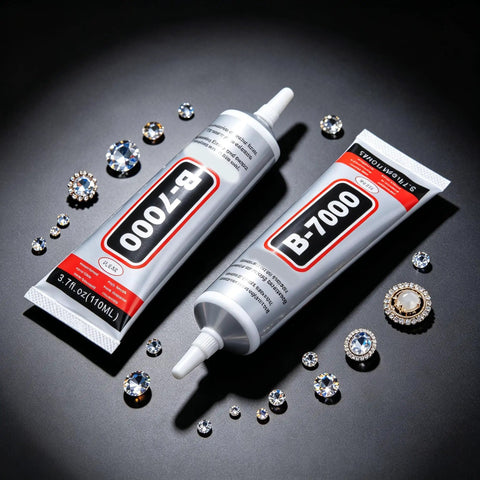 Heavy Duty Clear Industrial Glue Delivers A Hella Tough Bond And Precision Needle Tip For Jewelry Rhinestone Crafts Cell Phone Screen Repairs And Smooth Diy Projects on a dark background with rhinestones.