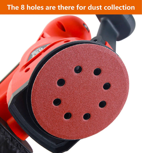 60Pcs 5 Inch 8 Hole Sanding Discs Set With Hook And Loop Backing attached to a random orbital sander showing dust collection holes.