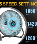Side view of Heavy Duty 12 Inch High Velocity Floor Fan with 3 Speed Settings, showcasing airflow in black all-metal construction