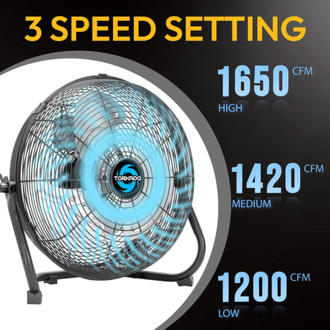 Side view of Heavy Duty 12 Inch High Velocity Floor Fan with 3 Speed Settings, showcasing airflow in black all-metal construction