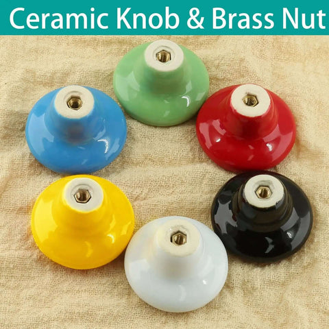 Level Up Your Kitchen With These 10 Piece Yellow Ceramic Cabinet Knobs Round 1 5 Inch Drawer Pulls Including Heavy Duty Screws And Snazzy Durable Porcelain Construction For A Killer Home Upgrade. Six ceramic knobs in various colors with brass nuts.
