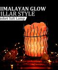 Pink Himalayan Salt Lamp With Dimmer Switch In A Tall Round Metal Basket, 8 To 10 Lbs, glowing in dark with lights around