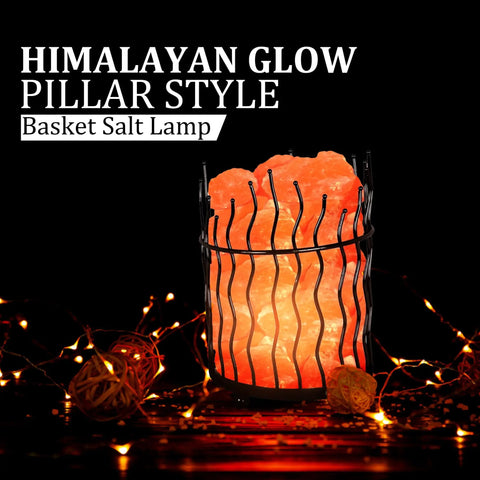 Pink Himalayan Salt Lamp With Dimmer Switch In A Tall Round Metal Basket, 8 To 10 Lbs, glowing in dark with lights around