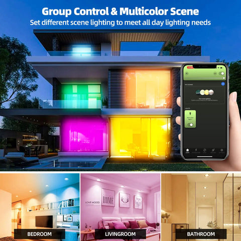 ZigBee 3.0 Smart Retrofit Recessed Lighting 5″,RGBWW LED Downlight 1 Pack showcased in multicolor scenes at home.