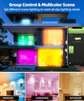 ZigBee 3.0 Smart Retrofit Recessed Lighting 5", RGBWW LED Downlight 3 Pack in colorful multi-room scene setup with app control.