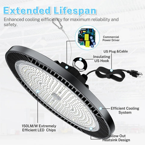 Six Pack 200W LED High Bay Light That Puts Out 30,000 Lumens 5000K For Warehouse Workshop Gym with US Hook and Cooling System