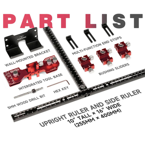 Upgraded Cabinet Hardware Jig Featuring Micro Adjustment Slider For Dead On Drawer Pull Template Alignment No Fuss Drill Bit Storage Slick Woodworking Calibration Tool parts including wall-mounted bracket, tool base, drill bit, and rulers.