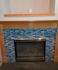Dope Teal Blue Crystal Glass And Gray Marble Mosaic Tile Interlocking Sheets for fireplace decor shown in modern setting
