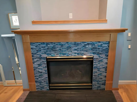 Dope Teal Blue Crystal Glass And Gray Marble Mosaic Tile Interlocking Sheets for fireplace decor shown in modern setting
