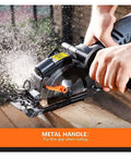 Hands using Hardcore Mini Circular Saw with metal handle on wood, cutting with laser guide, showing 5.8 Amp motor in action.