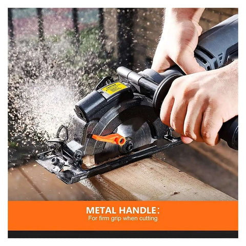 Hands using Hardcore Mini Circular Saw with metal handle on wood, cutting with laser guide, showing 5.8 Amp motor in action.