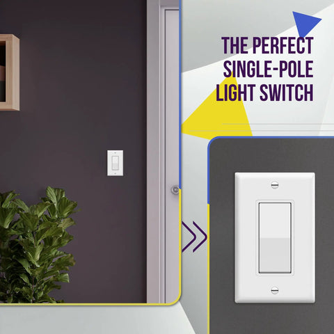 Decorator Paddle Light Switch With Wall Plates Single Pole 3 Wire Grounding Screw Residential Grade 15A 120V 277V UL Listed White
