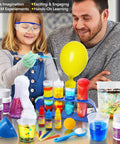 Child and parent using 272 Experiments Science Kit For Kids Chemistry Set And STEM Toys with colorful experiments and tools.