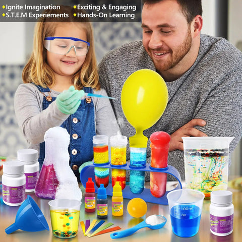 Child and parent using 272 Experiments Science Kit For Kids Chemistry Set And STEM Toys with colorful experiments and tools.