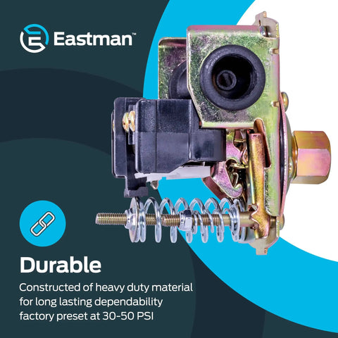 Pressure Switch For Electric Water Pumps 30 To 50 PSI Preset One Quarter Inch FPT Connection With 18 NPSF Threads Easy Install Pump Control For Home And Farm Model 60043 Ready To Install, side view showcasing internal components