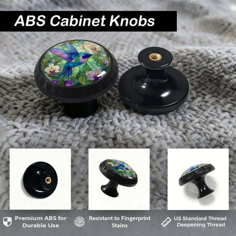 Close-up of 4 Pack Hummingbird Cabinet Knobs with Stained Glass Orchid Design for Kitchen and Bath on textured surface