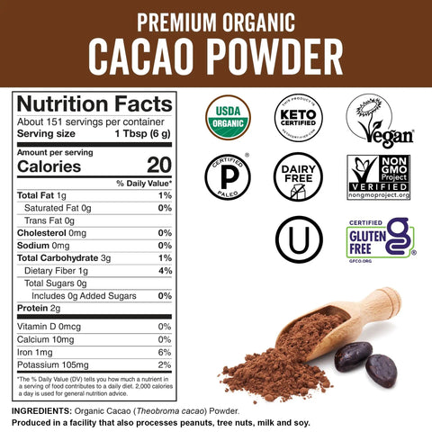 Nutrition facts and certifications for Totally Rich Dark Cacao Powder Unsweetened 2 Lb For Baking Smoothies And Hot Chocolate