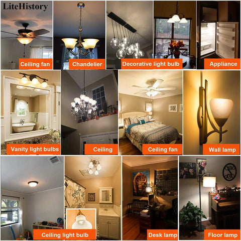 Dimmable A15 LED Bulb 4W Equal 40W, E26 Base installed in various lighting fixtures like ceiling fans and chandeliers in a home setting