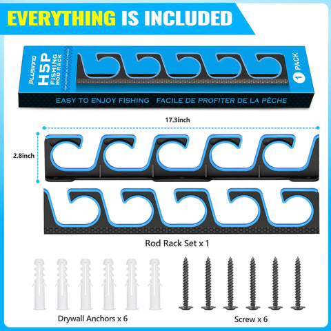 Garage Wall Or Ceiling Mounted Fishing Rod Holder With Soft TPU Protective Pad holding 5 rods, shown with screws and anchors