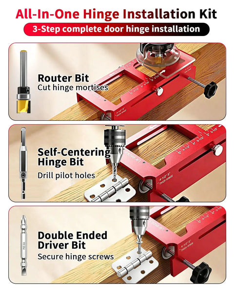 Heavy Duty Door Hinge Jig And Top Shelf Lock Installation Kit Crafted From Solid Aluminum Mortise Template for routing hinge mortises.