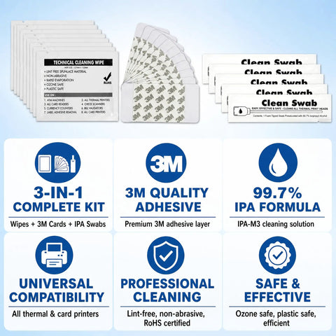 Top Shelf Printer Cleaning Kit For ID Card Printers contains wipes, cards, and swabs for universal cleaning.