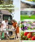 Family using table outdoors with images of drip irrigation, lawn watering, garden spray, and vegetables, Smart Hose Timer With WiFi Hub